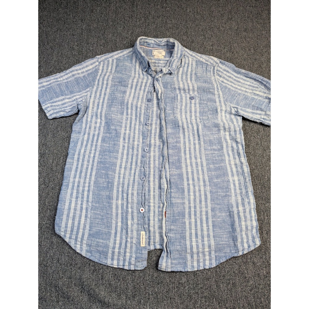 Weatherproof Vintage Mens Blue White Striped Washable Linen Shirt Medium SS
